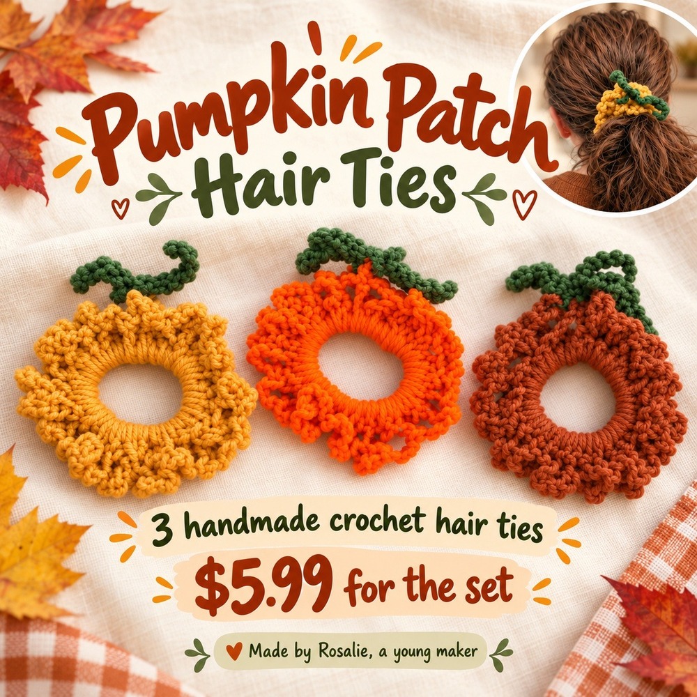 Handmade Crochet Pumpkin Patch Hair Tie Set Fall Autumn Accessories 3pk